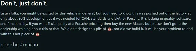 Electric Macan EV Porsche Tech claiming the car is shit 1729355136717-kv