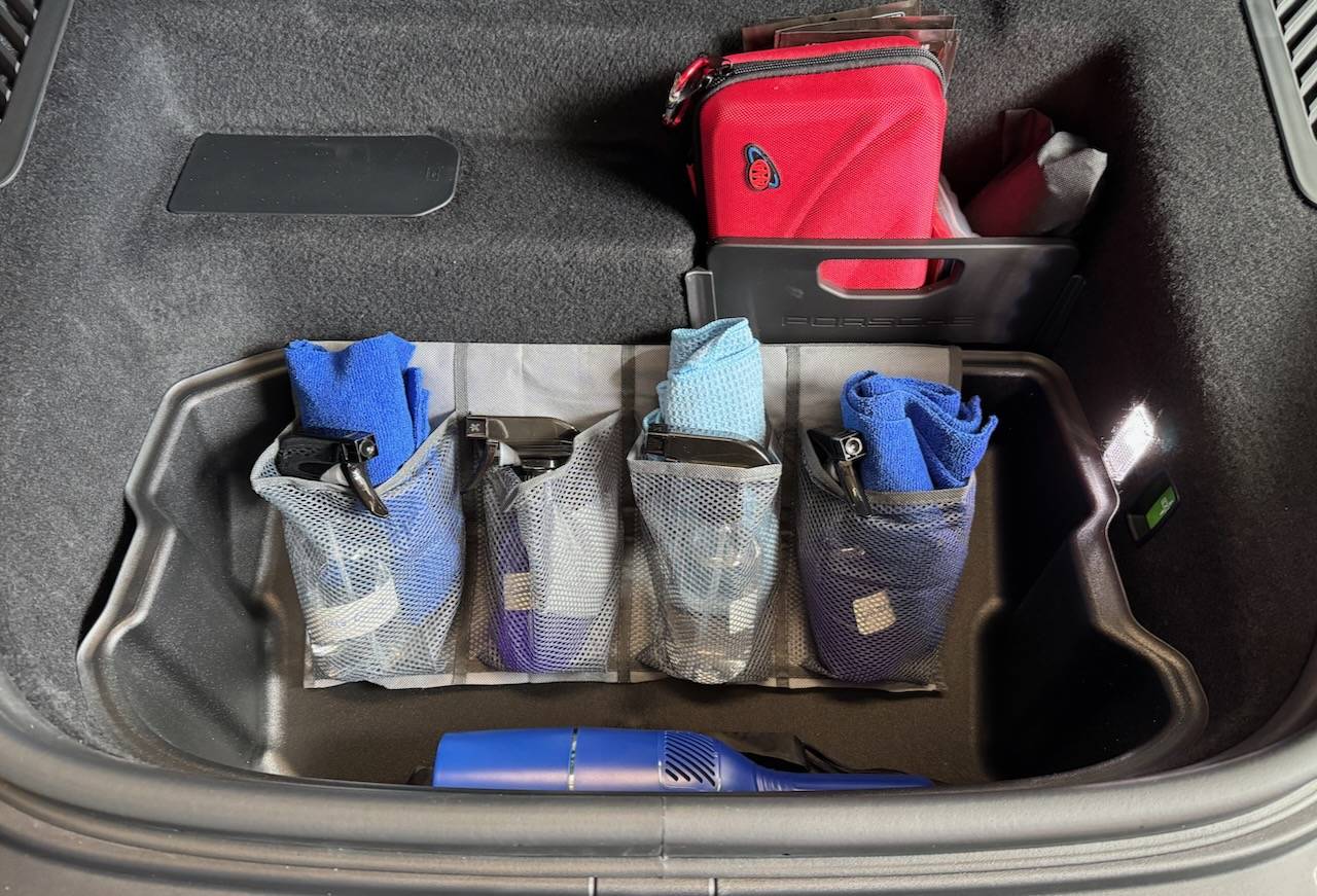 Electric Macan EV Frunk additions for cleaning supplies on the road IMG_6767