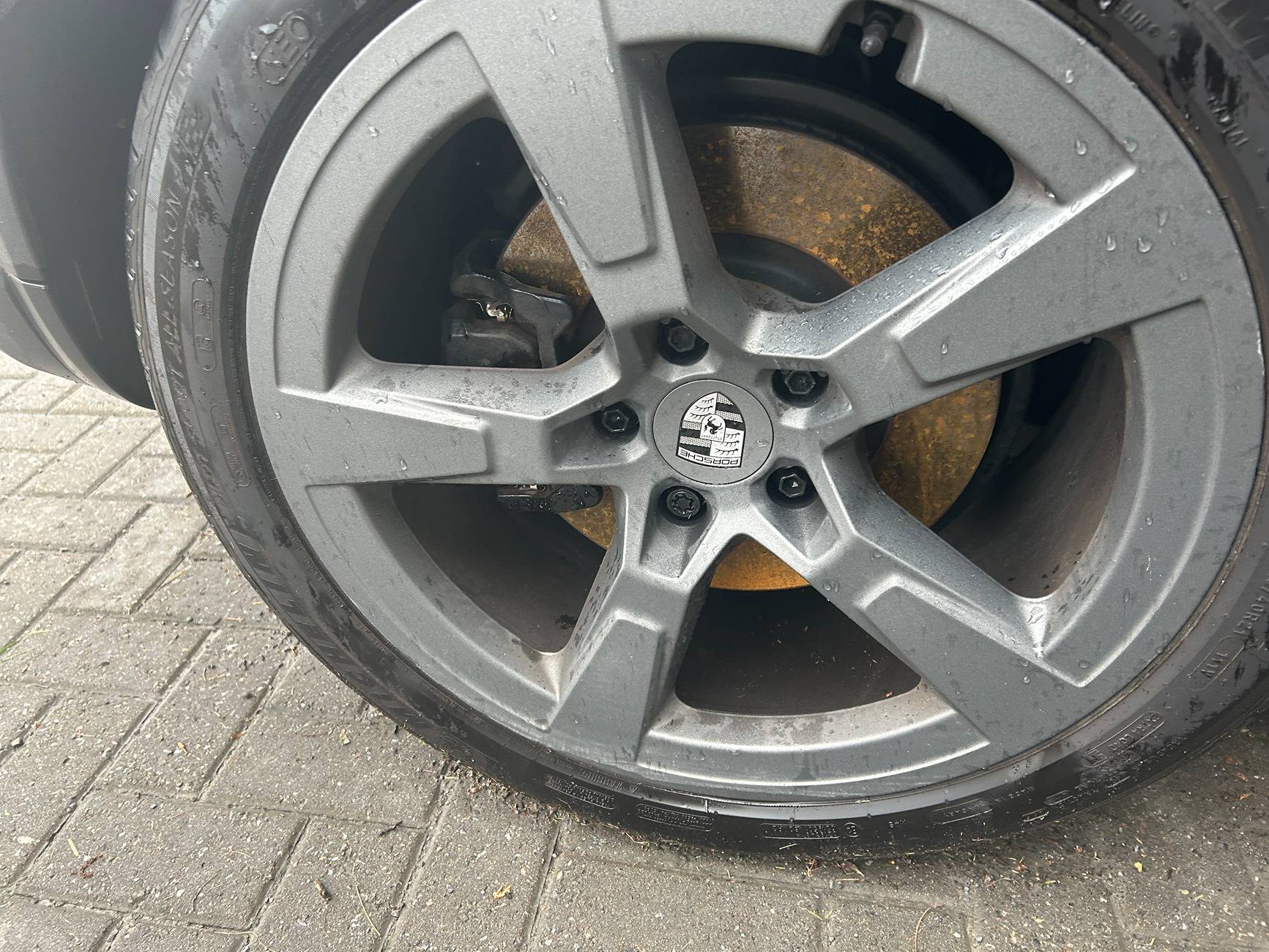 Electric Macan EV Rusted brake pads after almost every rainfall IMG_0527.JPG