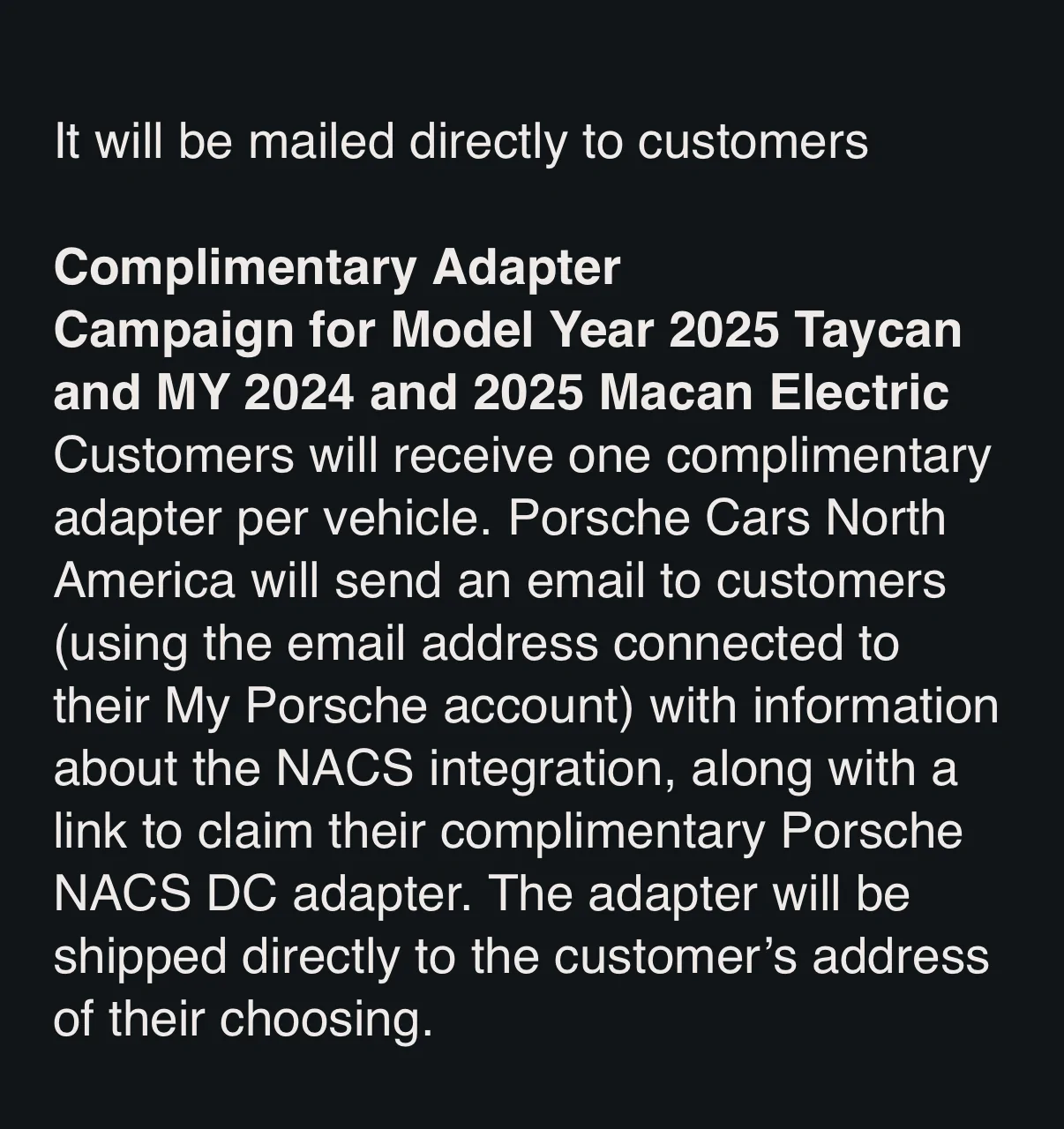 Electric Macan EV NA Porsche owners can now access Tesla Supercharger network. Free adapter for all Macan EV owners IMG_8010