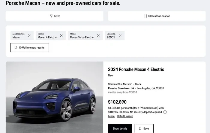 Porsche finder showing incoming Macan EV builds